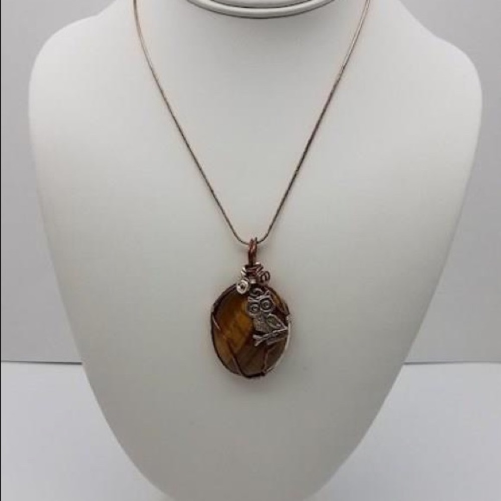 925 Silver & Copper Tiger Eye Gemstone & Owl Necklace